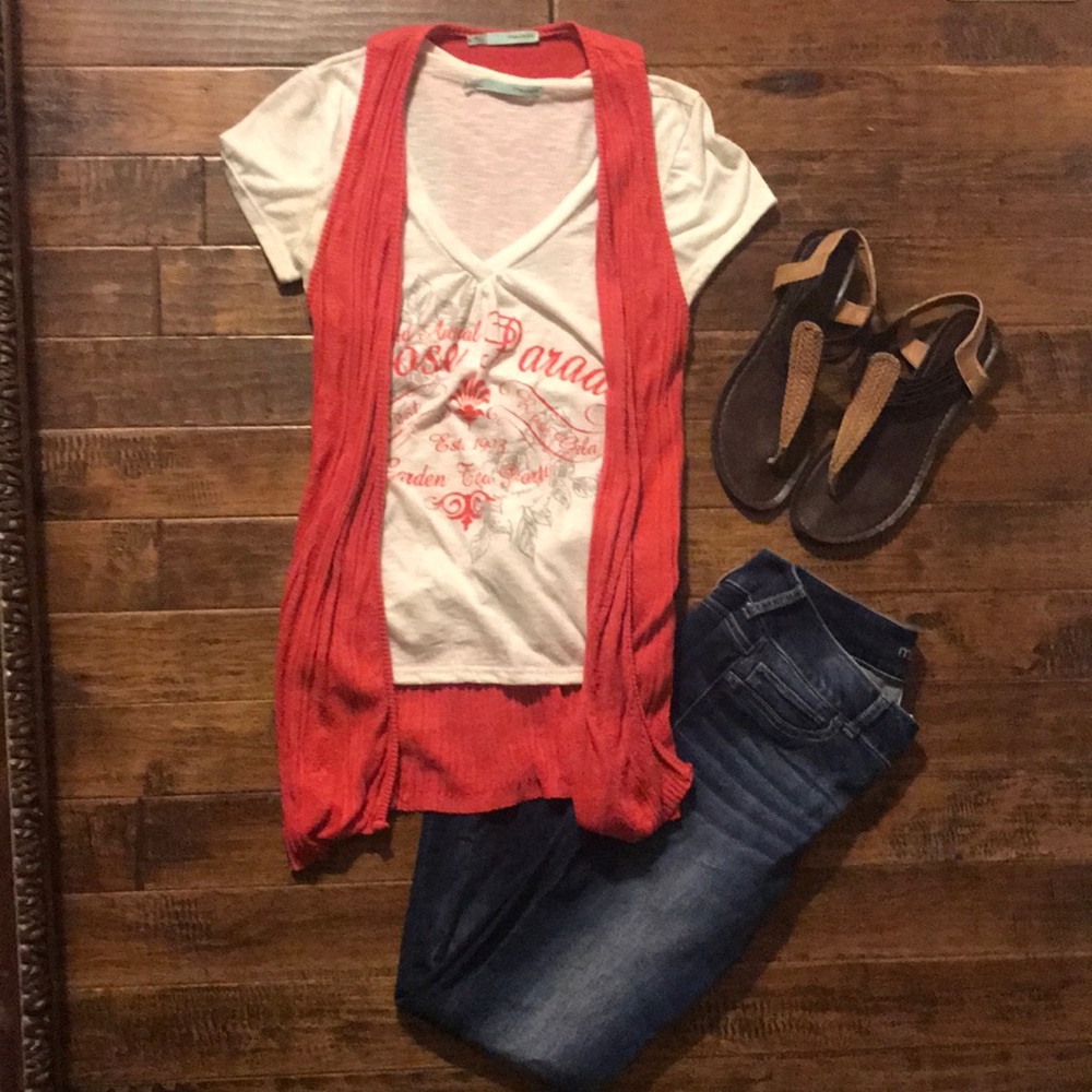 White Shirt and Coral Cardigan